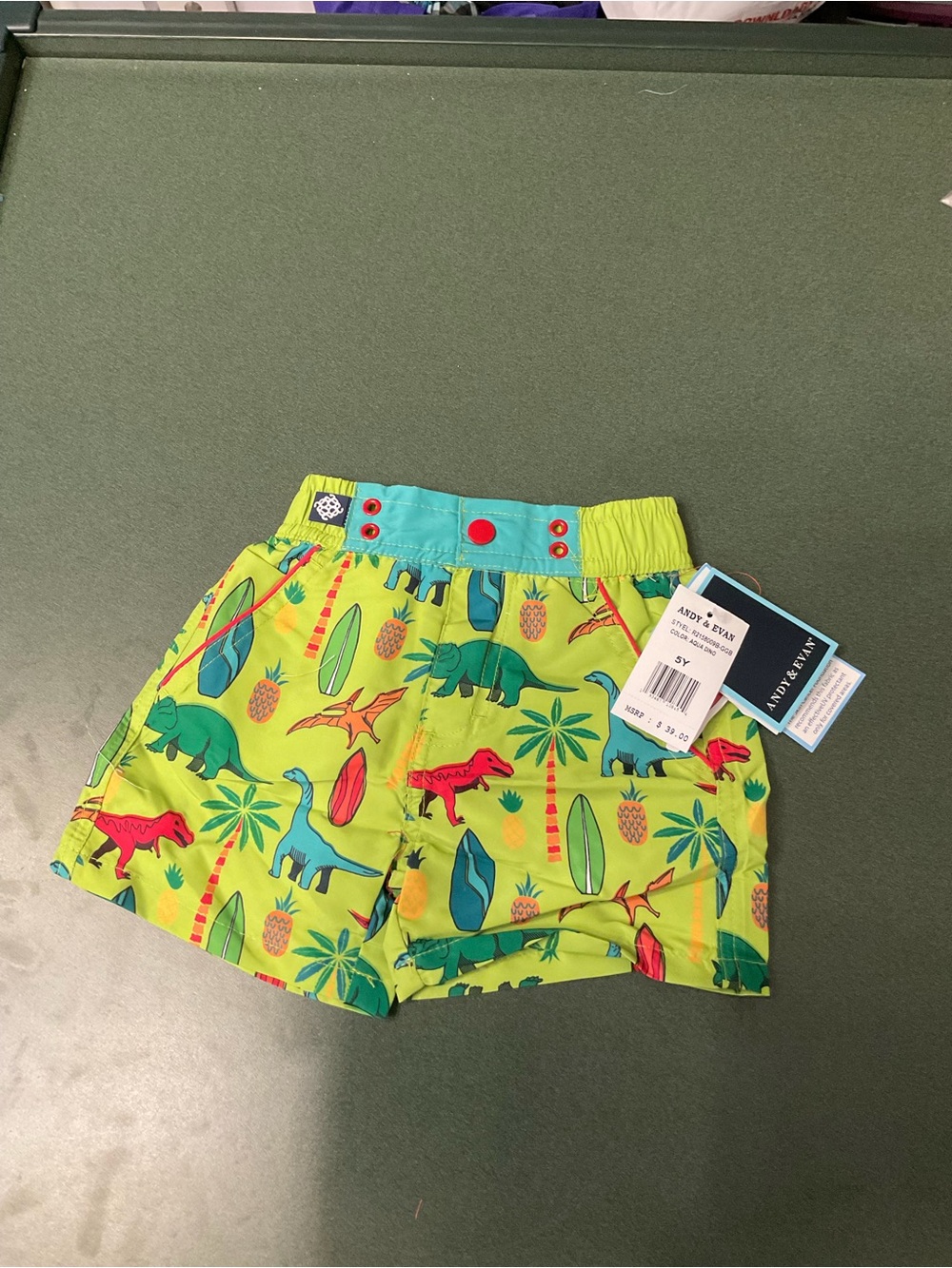 Andy & Evan Boys Neon Green Dinosaur Print Swim Trunks with Teal Waistband
